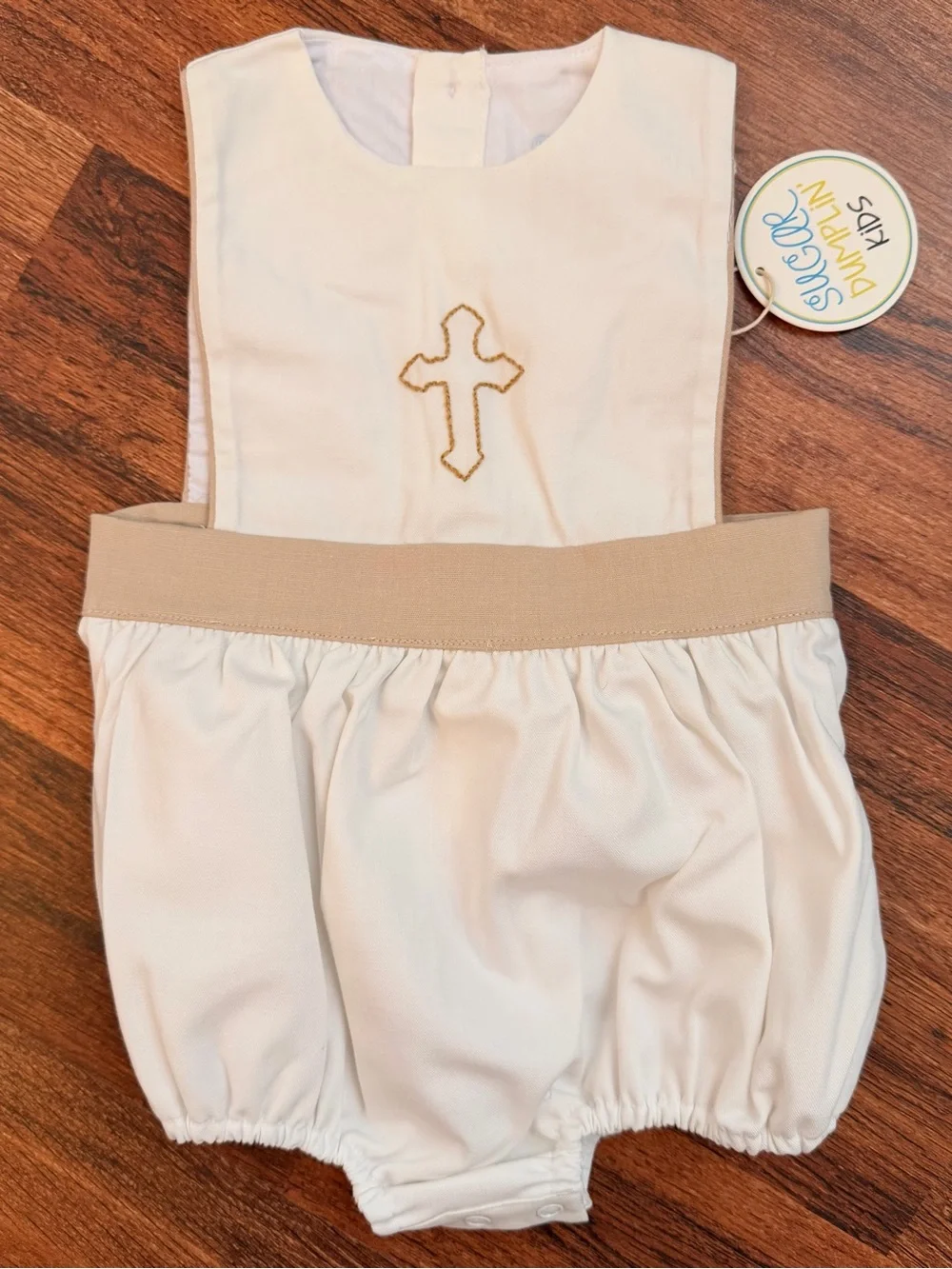 White & Tan Embroidered Cross Bubble